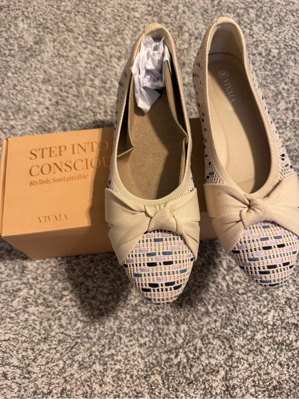 Women's Beige Knit Bow Ballet Flats